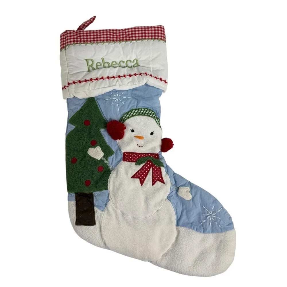 Pottery Barn Kids Quilted Cotton Snowman Gingham Christmas Name Rebecca Stocking